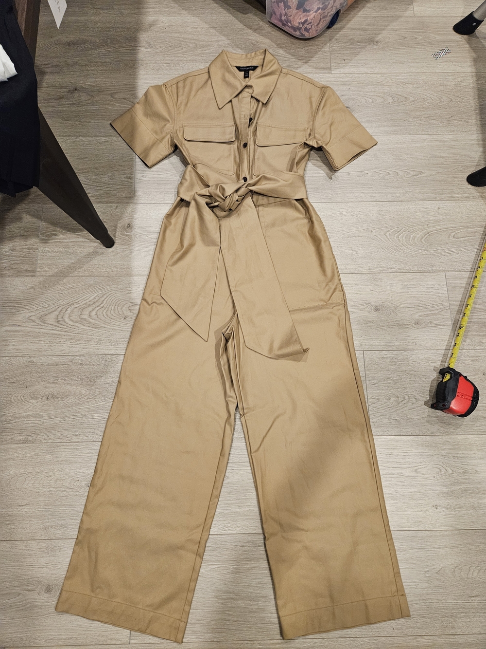 Banana Republic Khaki Short-Sleeve Utility Jumpsuit with Tie Waist